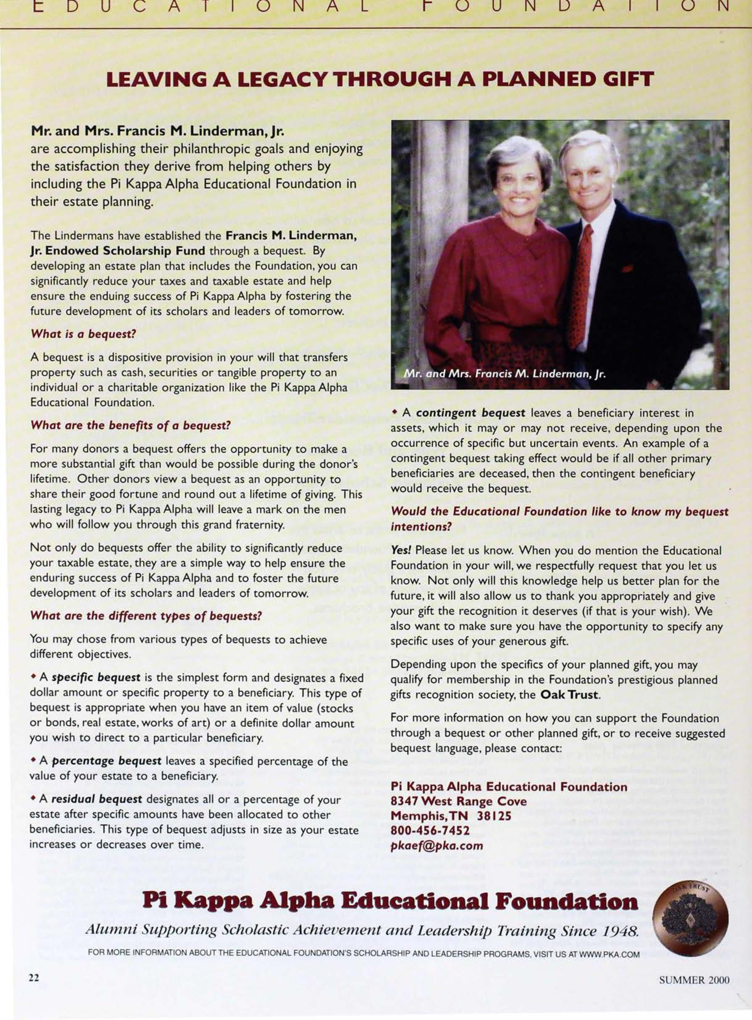 Educational Foundation: Leaving A Legacy Through A Planned Gift, Summer 2000